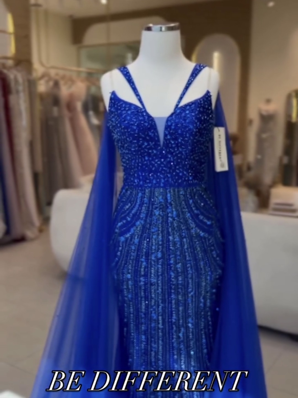 Elegant Beaded Royal Blue Evening Dress with Cape